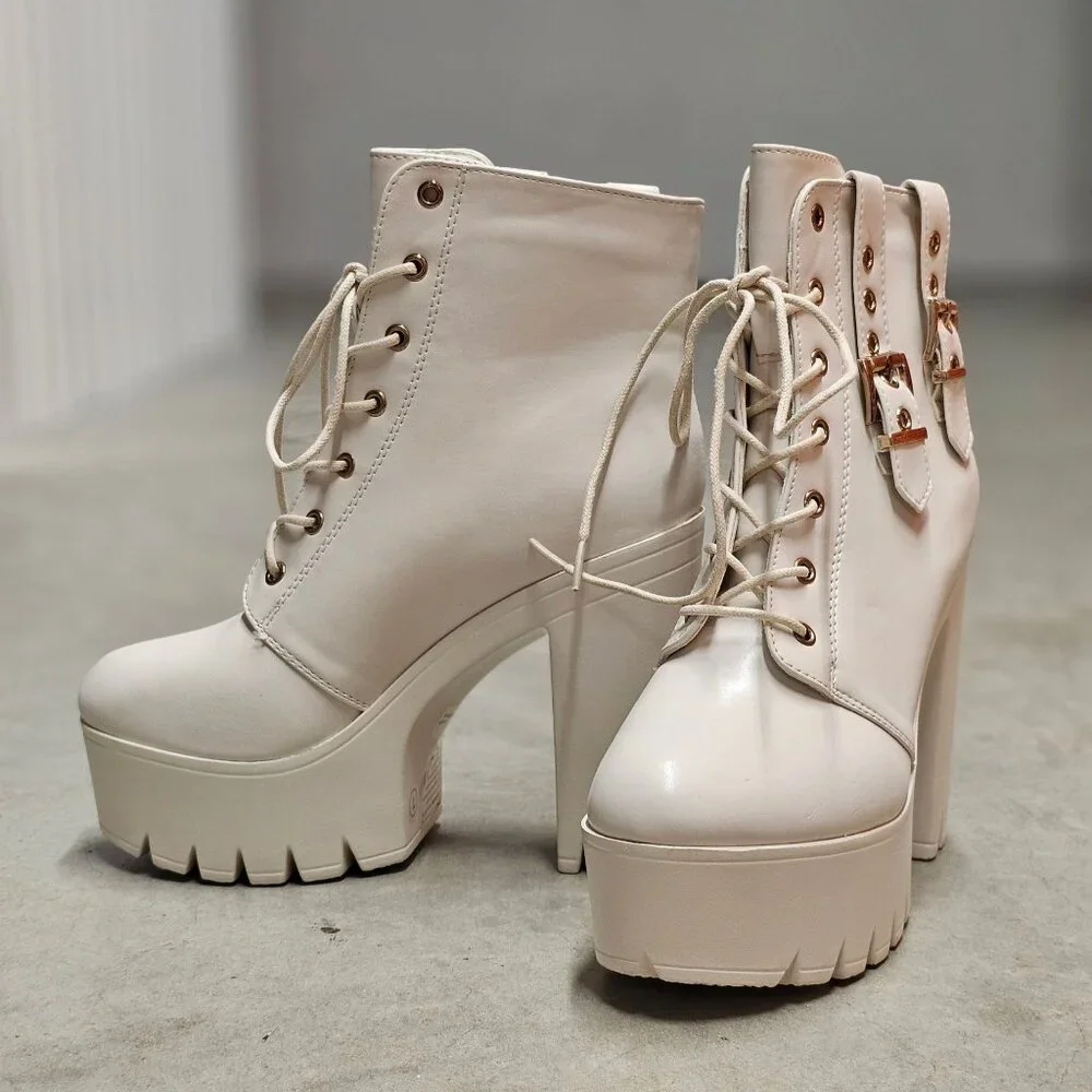 Lace-Up Platform Chunky Heel Ankle Boots With Dual Buckle Detail In Off White - Picture 2 of 7